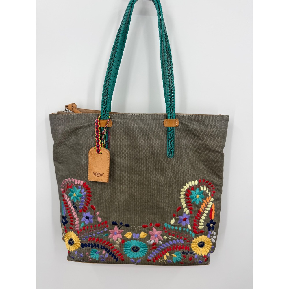 Consuela silverlake Classic Tote Bag Olive Green Floral Embroidered Boho Canvas